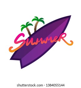 Summer typography with surfboard and palm tree on the white background
