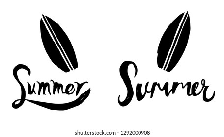Summer Typography with Surfing Board Logo. Flat Line Icon, Sign, Symbol Isolated Background. Graphic Design Abstract Art, Elements, Vector Illustration EPS 10