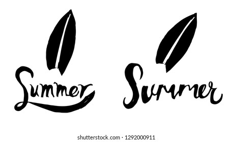 Summer Typography with Surfing Board Logo. Flat Line Icon, Sign, Symbol Isolated Background. Graphic Design Abstract Art, Elements, Vector Illustration EPS 10