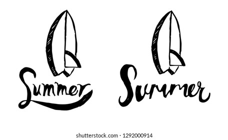 Summer Typography with Surfing Board Logo. Flat Line Icon, Sign, Symbol Isolated Background. Graphic Design Abstract Art, Elements, Vector Illustration EPS 10