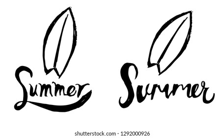 Summer Typography with Surfing Board Logo. Flat Line Icon, Sign, Symbol Isolated Background. Graphic Design Abstract Art, Elements, Vector Illustration EPS 10
