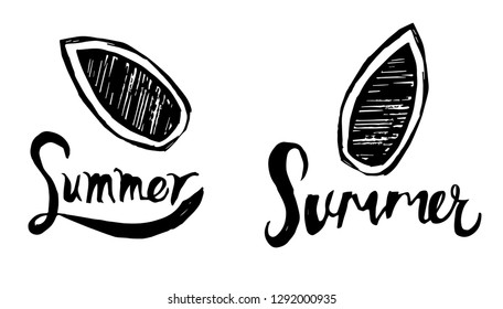 Summer Typography with Surfing Board Logo. Flat Line Icon, Sign, Symbol Isolated Background. Graphic Design Abstract Art, Elements, Vector Illustration EPS 10