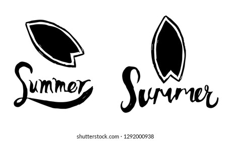Summer Typography with Surfing Board Logo. Flat Line Icon, Sign, Symbol Isolated Background. Graphic Design Abstract Art, Elements, Vector Illustration EPS 10
