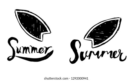 Summer Typography with Surfing Board Logo. Flat Line Icon, Sign, Symbol Isolated Background. Graphic Design Abstract Art, Elements, Vector Illustration EPS 10