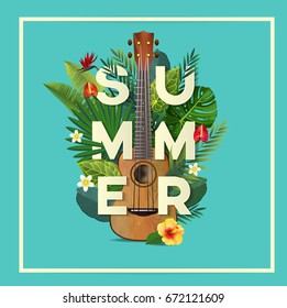 Summer typography. Tropical Leaf and Flowers. Vector illustration. EPS 10