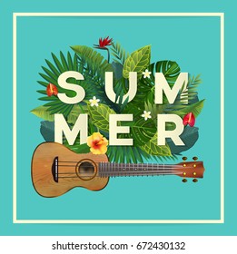 Summer typography. Tropical Leaf and Flowers. Vector illustration. 