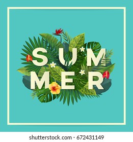 Summer typography. Tropical Leaf and Flowers. Vector illustration. 