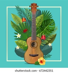 Summer typography. Tropical Leaf and Flowers. Vector illustration. 