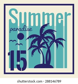 Summer typography, t-shirt graphics. Summer poster with sun and palms. Vector illustration.