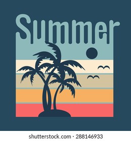 Summer typography, t-shirt graphics. Summer poster with sun and palms on dark background. Vector illustration.