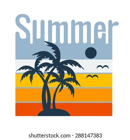 Summer typography, t-shirt graphics. Summer poster with sun and palms on white background. Vector illustration.