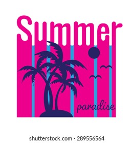 Summer typography, t-shirt graphics. Summer poster with sun and palms on white background. Vector illustration.