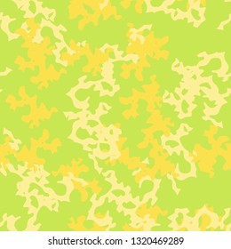 Summer UFO camouflage of various shades of green and yellow colors. It is a colorful seamless pattern that can be used as a camo print for clothing and background and backdrop or computer wallpaper