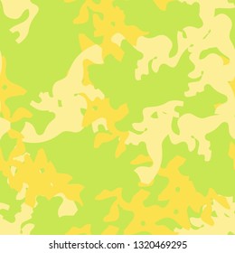Summer UFO camouflage of various shades of green and yellow colors. It is a colorful seamless pattern that can be used as a camo print for clothing and background and backdrop or computer wallpaper
