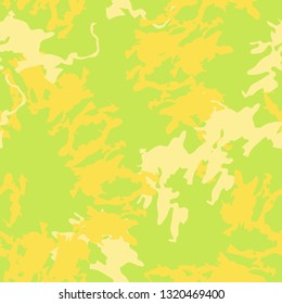 Summer UFO camouflage of various shades of green and yellow colors. It is a colorful seamless pattern that can be used as a camo print for clothing and background and backdrop or computer wallpaper