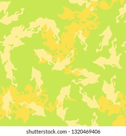 Summer UFO camouflage of various shades of green and yellow colors. It is a colorful seamless pattern that can be used as a camo print for clothing and background and backdrop or computer wallpaper