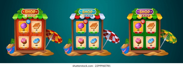 Summer ui game shop frame button with sweets icon. Mobile wood store box on sand beach gui interface set with umbrella. Tropical app menu board set with cupcake, donut and macaroon props on sale