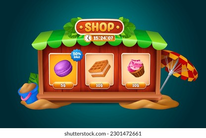 Summer ui botón de marco de la tienda de juegos con icono de caramelos. Caja de almacenamiento móvil de madera sobre gui playa de arena con paraguas. Pizarra de menú de aplicaciones tropicales con cupakes, donut y macaroon a la venta