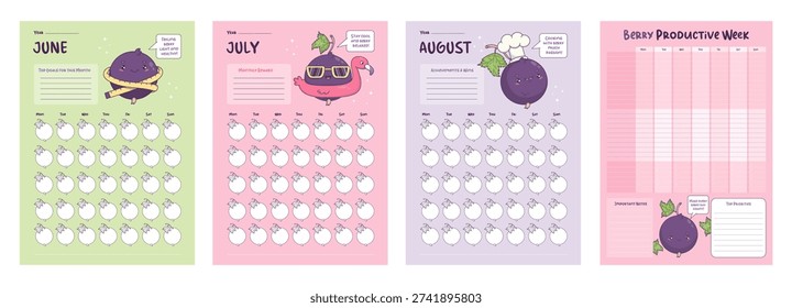 Summer Undated 3-Month Planner Set. Perpetual Monthly Calendar Weekly Page organizer To-Do List. Cute Kawaii Blackcurrant Flamingo, Chef Mascot, Tropical Vacation Bundle. Vertical Vector illustration