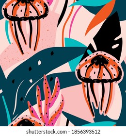 Summer under sea seamless pattern.Jellyfish, tropical leaves drawing.Underwater vector set.