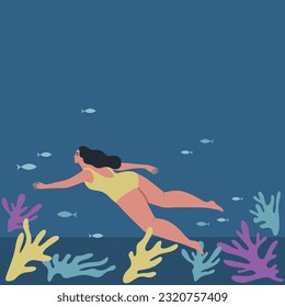 Summer underwater background with sea life, plants, fishes, swimming woman. Sea bottom. Vector illustration