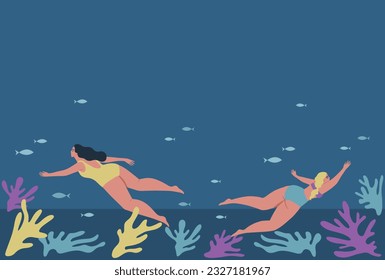 Summer underwater background with sea life, plants, fishes, swimming woman. Sea bottom. Vector illustration