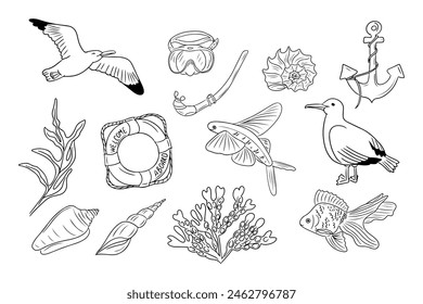 Summer underwater doodle contour set with sea life elements. Clipart of sketchy outline illustrations isolated on white background. Monochrome seaside vacation outline stickers