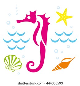 Summer, the underwater world. Seahorse underwater, seashells, starfish. Vector illustration. Set of icons on the marine theme.
