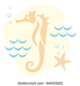 Summer, the underwater world. Seahorse underwater, seashells, starfish. Vector illustration. Set of icons on the marine theme.
