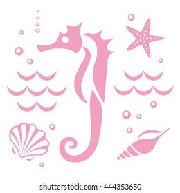 Summer, the underwater world. Seahorse underwater, seashells, starfish. Vector illustration. Set of icons on the marine theme.