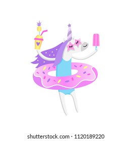 Summer unicorn with donut pool float, with ice cream and pineapple cocktail, in swimsuit and trendy glasses. It can be used for a sticker, patch, brochures, poster, t-shirts, phone case etc.