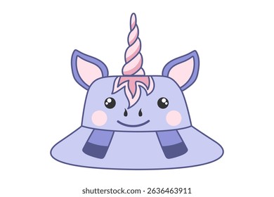 Summer unicorn hat, kids panama. Beach headwear accessory in cute baby design for boys and girls flat vector illustration