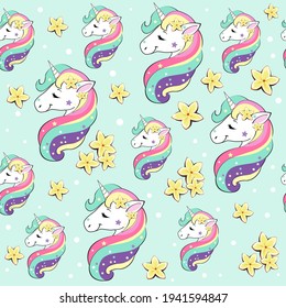 Summer unicorn head seamless pattern. Vector illustration for design of t-shirts, greeting cards.