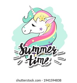 Summer unicorn and summer time inscription. Vector illustration for t-shirt design, greeting cards