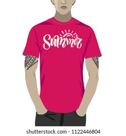 Summer. Unique vector illustration with hand darwn lettering. Sample of using vector illustration as a print on a t-shirt.