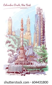 Summer Urban view of Columbus Circus and West 59th street in New York. Sketch drawn and painted digitally to give watercolour painting feel. EPS10 vector illustration.