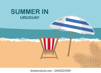 Summer in Uruguay, beach chair and umbrella, vacation or holiday in Uruguay, vacation concept vector design, summer holiday, sea sand sun, travel and tourism idea