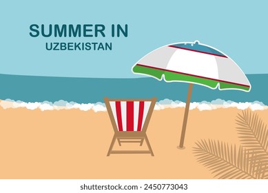 Summer in Uzbekistan, beach chair and umbrella, vacation or holiday in Uzbekistan, vacation concept vector design, summer holiday, sea sand sun, travel and tourism idea