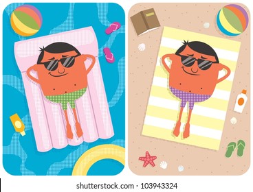 Summer Vacation: 2 illustrations depicting a cartoon character on vacation. No transparency and gradients used.