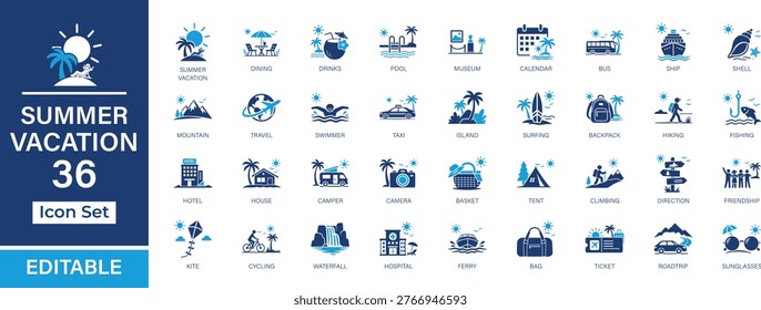 Summer Vacation 36 Solid Icon Set. Travel, beach and adventure for UI, UX vector collection.