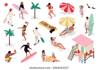 Summer vacation 3d isometric mega set. Collection flat isometry elements of people go on tropical resort, surfing, sunbathing on beach, lifeguard works, kids playing in sea sand. Vector illustration.