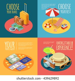 Summer Vacation 4 Isometric Vintage Icons Square Composition With Travel Agent Advertisement Text Poster Abstract Isolated Vector Illustration