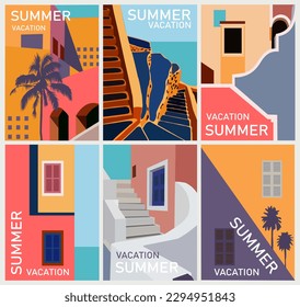 Sommerurlaub abstraktes architektonisches Plakat. Vektorlandschaftsgrafik mit buntem Gebäude, Meerblick. Sommerferien, Urlaub, Reisen. Modernes minimalistisches Design, Karte, Deckel, Banner, Flyer