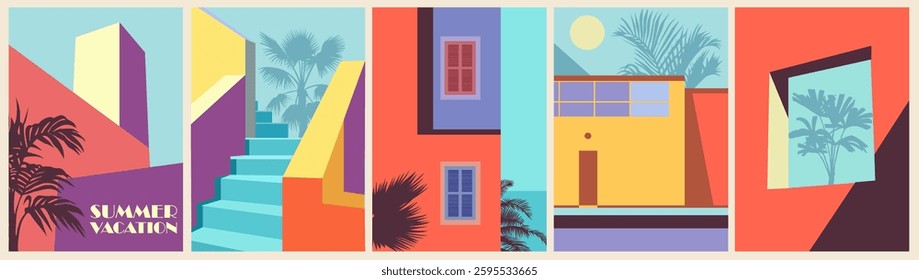 Summer Vacation abstract architectural poster. Vector landscape illustration with colorful building, sea view. Summer holidays, vacation, travel. Modern minimalist design, card, cover, banner, flyer