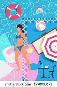 Abstrakte Sommerferien-Kollektion. Pool, ein Mädchen in einem Bikini, Getränke, ein Regenschirm, ein Liegestuhl, Fotos, ein Kreis zum Schwimmen. Vintage-Postkarte, Banner über Urlaub und Sommerferien