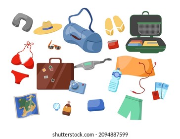 Summer vacation accessories cartoon vector illustration set. Suitcase, travelers bag, luggage, clothes, camera, passport, tickets, bottle, hat, sunglasses, swimsuit, flip-flops. Travel stuff concept