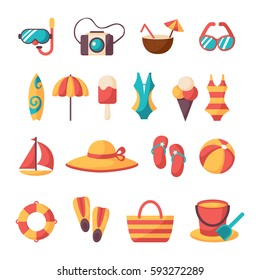 Summer vacation accessories flat icons set. Colorful abstract vector illustration. Colorful template for you design, web and mobile applications.