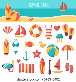 Summer vacation accessories flat icons set. Colorful abstract vector illustration. ?olorful template for you design, web and mobile applications.