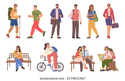 Summer vacation and activities of cartoon characters, set of lifestyles. Vector tourism and mountain walking, running and hiking, cycling and business trips, taking break in park and couple dating