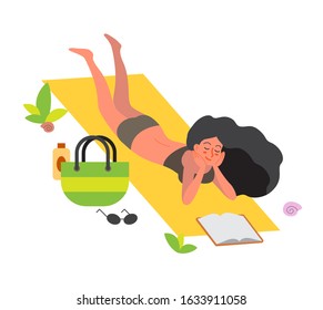 Summer vacation activities concept. Woman laying on beach towel relaxing and reading a book. Woman on summer holiday and vacation. Vector illustration in cartoon style